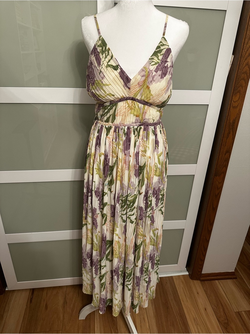 Pleated Floral Maxi Dress in Lavender & Olive